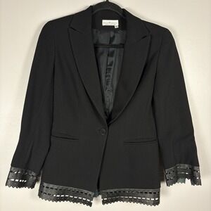 Marisa Minicucci Womens 2 Black Wool Blend Leather Detail Trim One Button Blazer